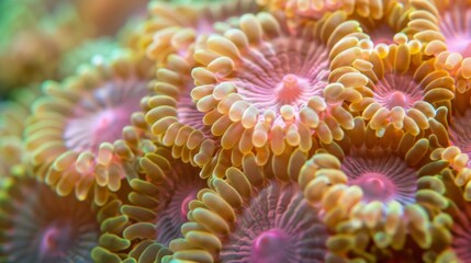 Despite the noticeable bleaching some hardy corals still show signs of life with faint hints of pink and purple highlighting their stillfunctioning polyps. - obrazy, fototapety, plakaty