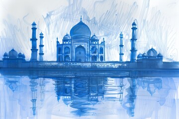 A blue and white drawing of the Taj Mahal and the surrounding area