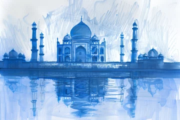 Fotobehang A blue and white drawing of the Taj Mahal and the surrounding area © inspiretta