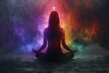 A woman is sitting in a lotus position in a room with colorful lights and smoke