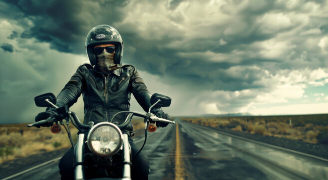 Motorcyclist on the road under stormy sky - A lone motorcyclist travels down an open road, under a moody and stormy sky, offering a sense of adventure and freedom