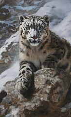 The snow leopard, an emblem of alpine grace, mountains in the background, winter