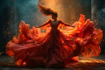 A woman in a red dress is dancing in the air with sparks flying around her