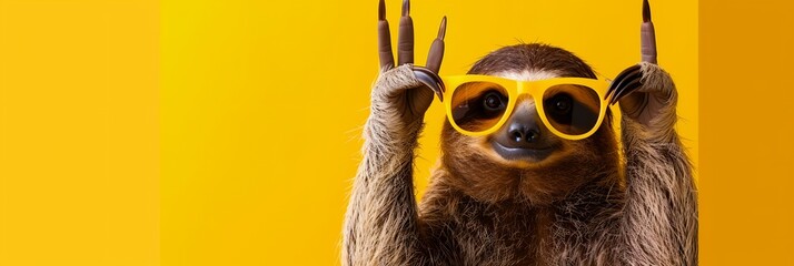 A sloth wearing sunglasses and holding up its hands