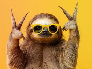Fototapeta premium A sloth wearing sunglasses and holding its hands up in the air