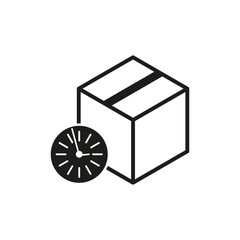 Package delivery time icon. Box with clock symbol. Shipping speed illustration. Fast service representation. Vector illustration. EPS 10.