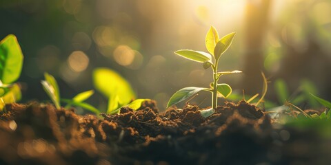 The seedling are growing from the rich soil to the morning sunlight that is shining, ecology concept. wide panoramic banner