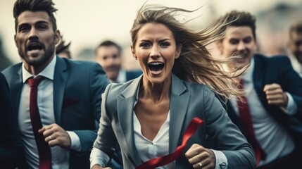 Corporate marathon triumph: businesspeople group in suits crossing finish line, embodying struggle for success, determination, and teamwork in the competitive world of business and beyond - obrazy, fototapety, plakaty