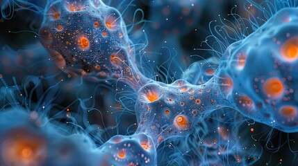 Intricate Cerebral Neurons in Glowing Digital Microscopy Network - obrazy, fototapety, plakaty
