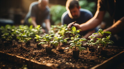 People engaging in community gardening, planting small green seedlings. Sustainable living and community activity concept. Design for educational material, community outreach program.