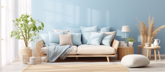 A living room with a couch, pillows, plants, and a blue wall. The interior design includes furniture, flooring, and houseplants, creating a cozy atmosphere in the real estate building