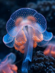 A closeup of an abstract, colorful flower-shaped jellyfish with blue and orange petals, dark background,  a high-definition wallpaper
