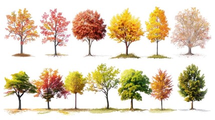 Assorted Tree Collection: Maple, Oak, Birch, and Chestnut Isolated Nature Objects