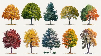 Assorted Tree Collection: Maple, Oak, Birch, and Chestnut Isolated Nature Objects