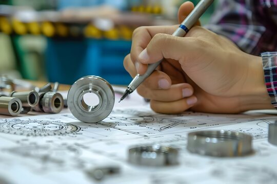 Engineer technician creating mechanical part drawings in a manufacturing factory using caliper tools to measure bearings. Concept Mechanical Drawings,.Manufacturing Factory,.Caliper Tools