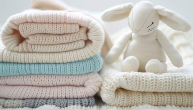 A pile of baby jersey sweaters, cream-coloured textiles and stuffed bunnies