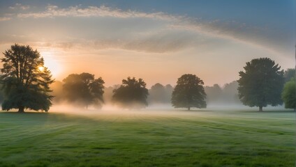 A serene summer dawn breaks over a freshly mown lawn, shrouded in a light morning fog, encapsulating the essence of spring in a panoramic view Generative AI - obrazy, fototapety, plakaty