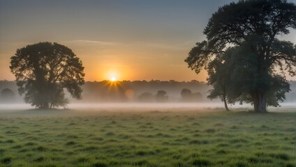 Fototapeta na wymiar Dawn breaks over a lush, freshly cut grassland, with the first rays of sun piercing through a gentle fog, embodying the tranquil beauty of a summer morning Generative AI