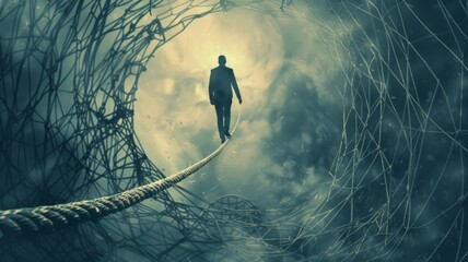 A businessman tightrope walking over a pit of economic downturns, holding a safety net - obrazy, fototapety, plakaty
