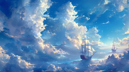 A dreamy seascape with ships sailing on clouds instead of water