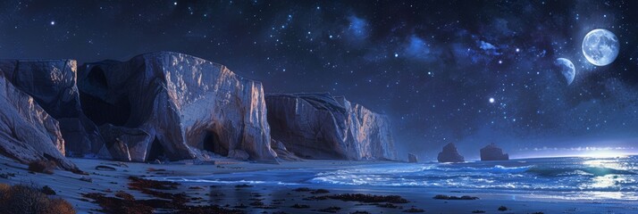 Celestial Chiaroscuro moonlit cliffs over a starry sea