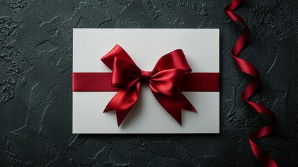 Fototapeta premium Blank white gift card with red ribbon bow isolated on black background