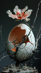  Cracked eggshell cradled by branches blooms a vibrant flower, symbolizing resilience and beauty from challenge, symbolizing hope, and rebirth. perfect wallpaper for easter