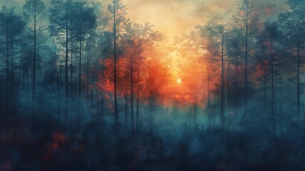 Impressionist forest scene with exaggerated colors at dawn - obrazy, fototapety, plakaty