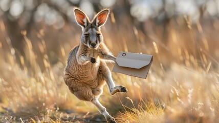 Kangaroo delivering express mail with a hop - obrazy, fototapety, plakaty