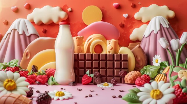 Whimsical scene of a milk bottle and chocolate bar painting a mural together
