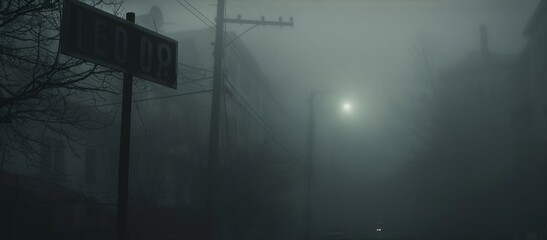 The outline of a street sign emerges from the thick fog its letters partially obscured adding to the mysterious and otherworldly feeling of the urban setting. - obrazy, fototapety, plakaty