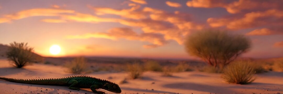 imagen hiperrealista de atardecer en el desierto con lagarto
