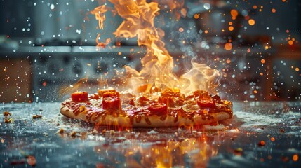 Flaming Hot Pizza on Table