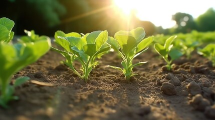 Bean crops planted in soil get ripe under sun. Cultivated land close up with sprout. - obrazy, fototapety, plakaty