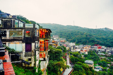 Jiufen, New Taipei, Taiwan, Republic of China, 01 22 2024: The landscape of Jiufen old street and pacific ocean