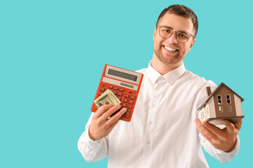 Male realtor with money, calculator and house model on blue background - obrazy, fototapety, plakaty