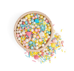 Fototapeta na wymiar Bowl with colorful sprinkles on white background