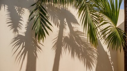 Fototapeta na wymiar A gentle shadow of palm fronds, their edges blurred, stretching across a wall of light cream hue Generative AI