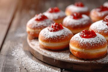 Doughnuts sufganiyot with powdered sugar and fruit jam on light old wooden background. Hanukkah sweet food illustration with free space for text.