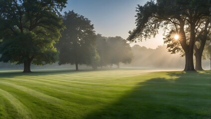 A panoramic view of a freshly mowed lawn under the early morning light, shrouded in a delicate mist, evoking the serene essence of summer Generative AI - obrazy, fototapety, plakaty