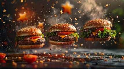 Juicy Burgers with Flying Ingredients - obrazy, fototapety, plakaty