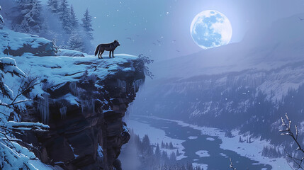 wolf in the snow looking over a river flowing at night as full moon brighten up the valley - obrazy, fototapety, plakaty