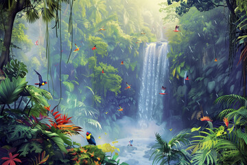 a spot in a forest with tropical birds and parrots are flying around and a waterfall gives a serene backdrop to this spot - obrazy, fototapety, plakaty
