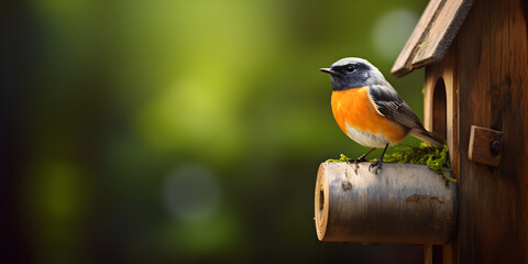  Birds on wooden birdhouse of tree by forest background ,Beautiful Small bird standing by birdhouse and blurred background   