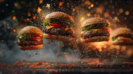 Juicy Burgers in Dynamic Splash - obrazy, fototapety, plakaty