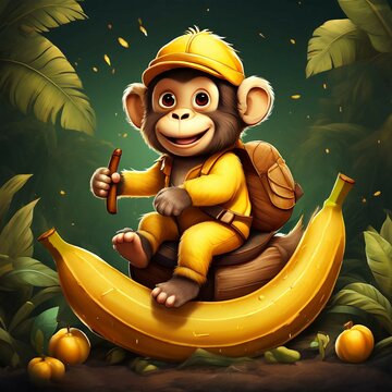 바나나에 위에 올라 탄 귀여운 아기 원숭이(a cute baby monkey on a banana)