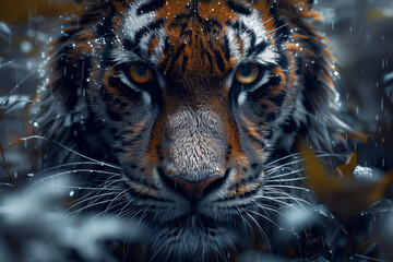 The intense stare of a majestic tiger is captured in this striking image, highlighting the raw...