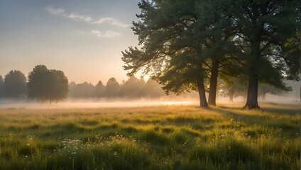 Obraz na płótnie Canvas An expansive scene of a neatly trimmed meadow, bathed in the soft glow of sunrise and veiled by a light fog, capturing the peaceful ambiance of early summer Generative AI