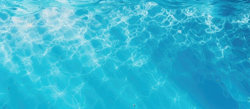 A closeup image of an electric blue swimming pool with transparent water, creating a beautiful pattern with white foam on the surface, resembling clouds underwater