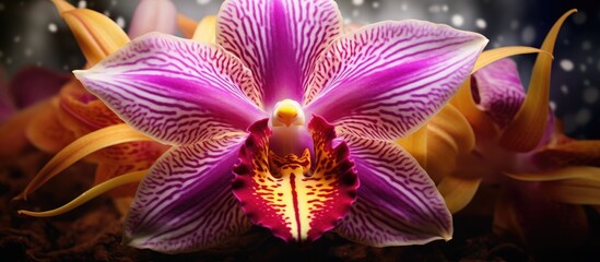 A close up of a terrestrial purple orchid with magenta petals and a vibrant yellow center, blooming...